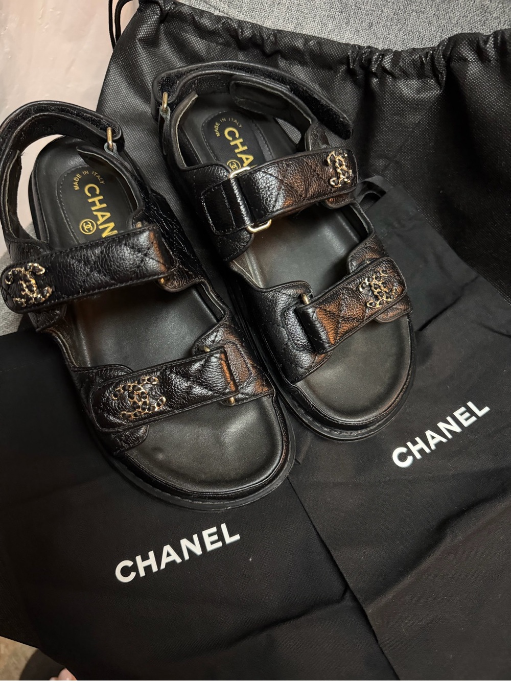 CHANEL Black Leather CC-Embellished Sport Sandals, used but not abused. - Picture 2 of 11